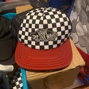 Vans Off The Wall Checkerboard Mesh Trucker Hat with Red Bill